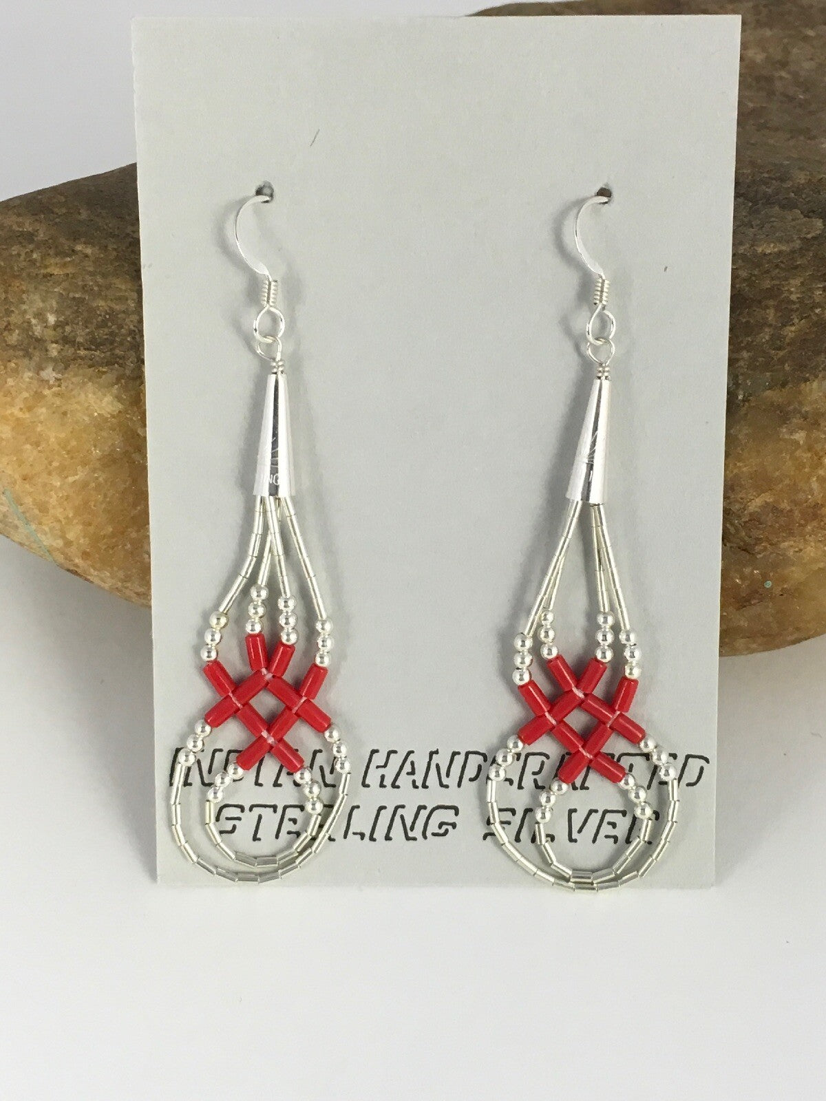 Native Red Coral Heishi Tube Liquid Sterling Silver Dangle Earrings 2" 08877