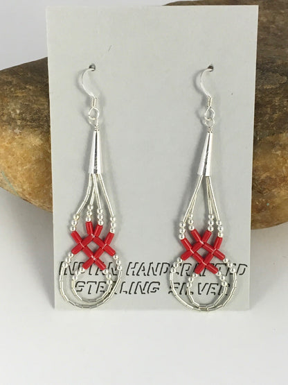 Native Red Coral Heishi Tube Liquid Sterling Silver Dangle Earrings 2" 08877