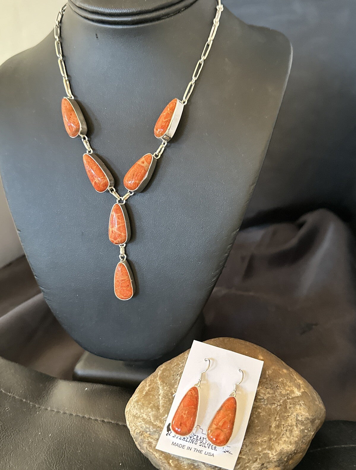 Women Apple Coral Lariat Necklace Pendant Earrings Sterling Silver 16” 18409