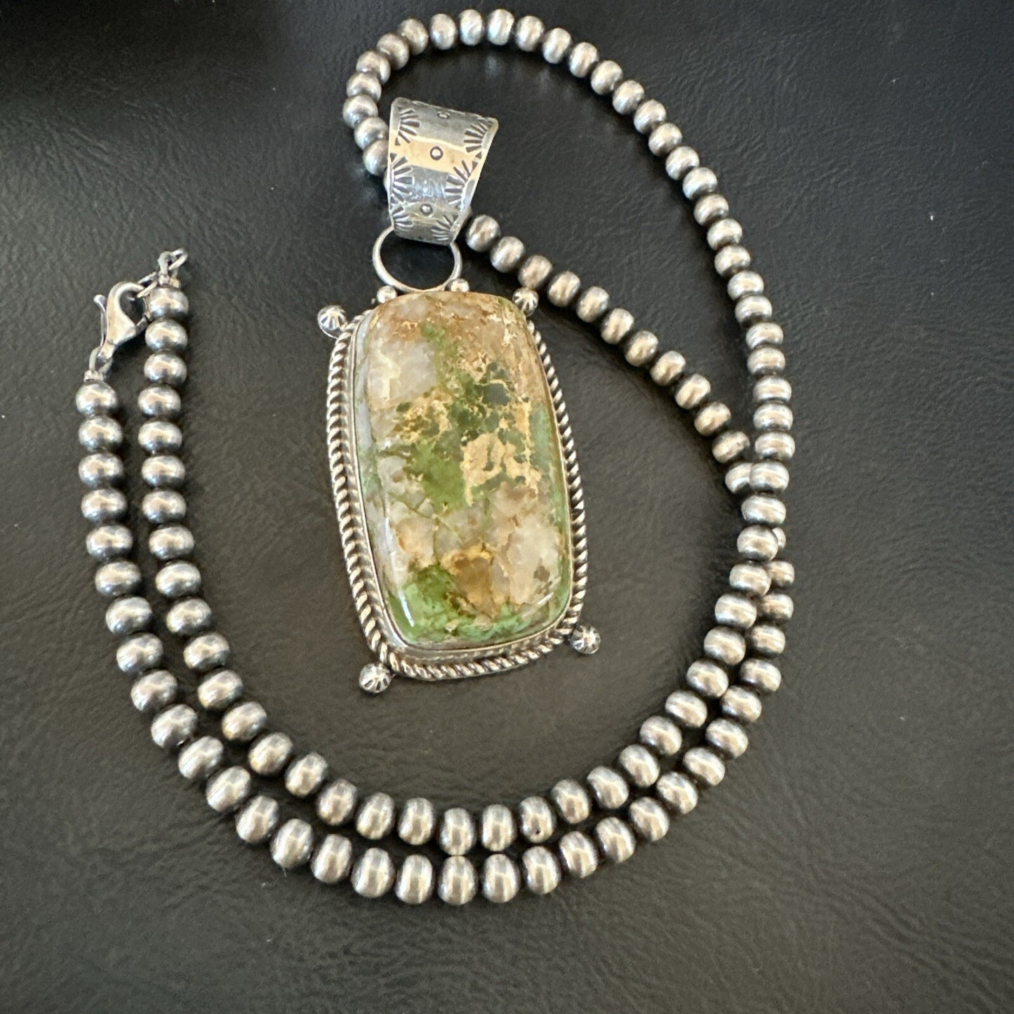 XL Mens Green Royston Turquoise Pendant Navajo Sterling Silver Necklace