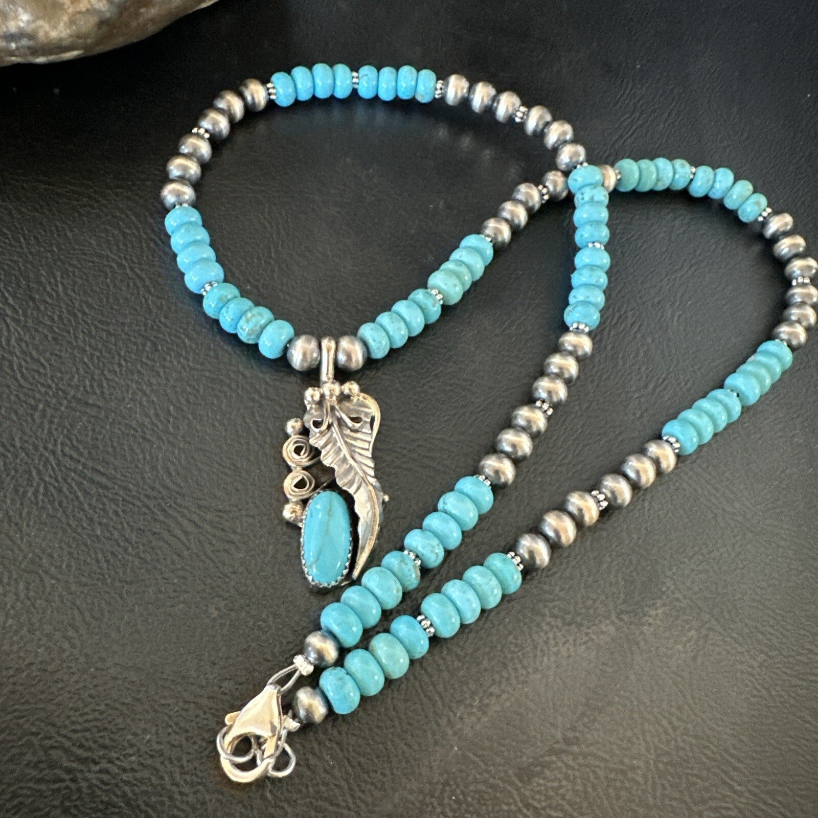 Mens Feather Turquoise Pendant Navajo Sterling Silver Necklace 18061