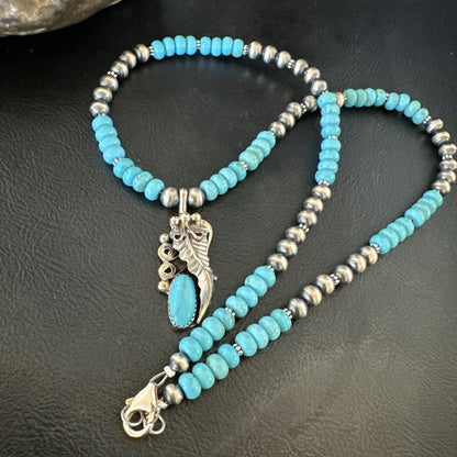 Mens Feather Turquoise Pendant Navajo Sterling Silver Necklace 18061