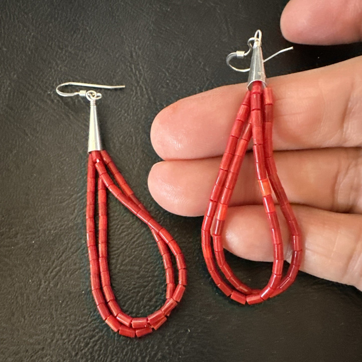 Apple Coral Tube Heishi Dangle Liquid Sterling Silver Earrings 2" 19042