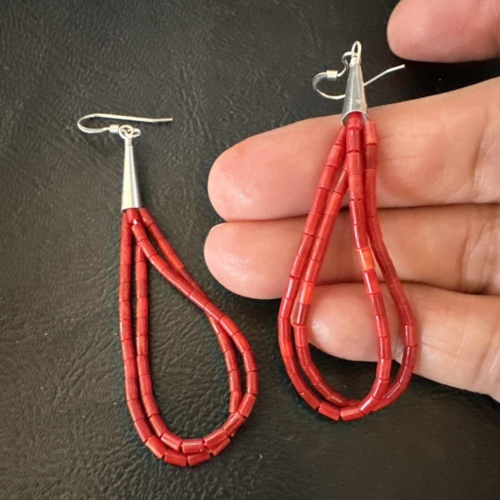 Apple Coral Tube Heishi Dangle Liquid Sterling Silver Earrings 2" 19042