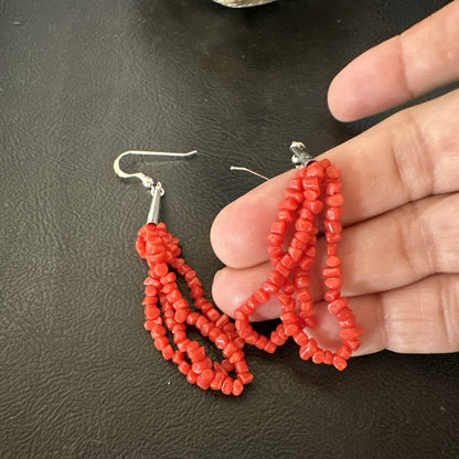 Native Red Real Coral Nugget Sterling Silver Dangle 2 Strand Earrings 2" 19347