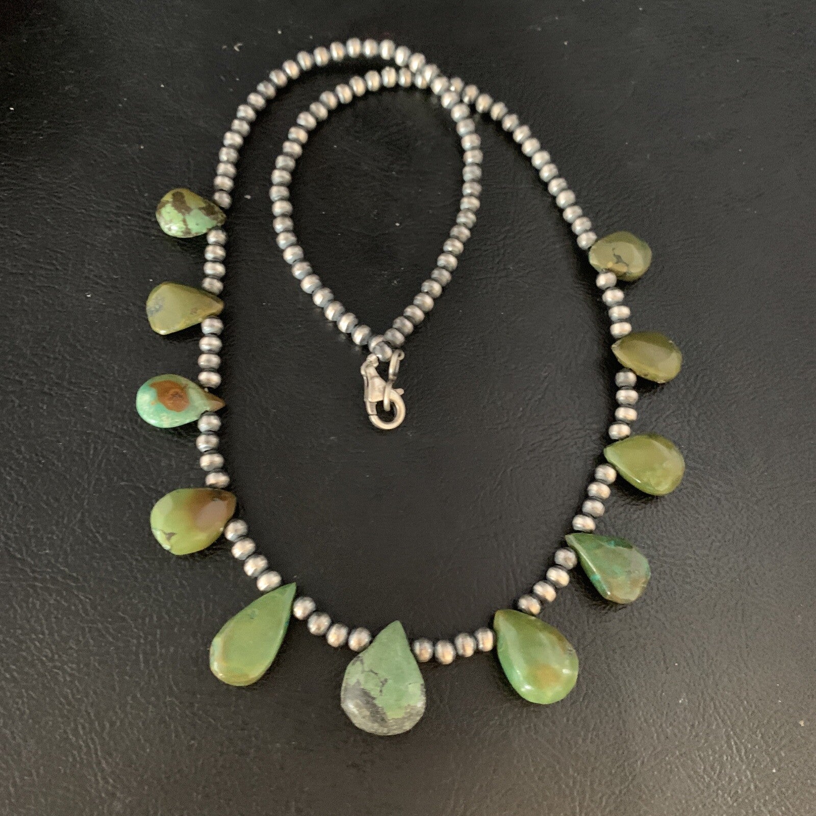 Teardrop Sterling Silver Beads Green Turquoise Necklace 20" 13508