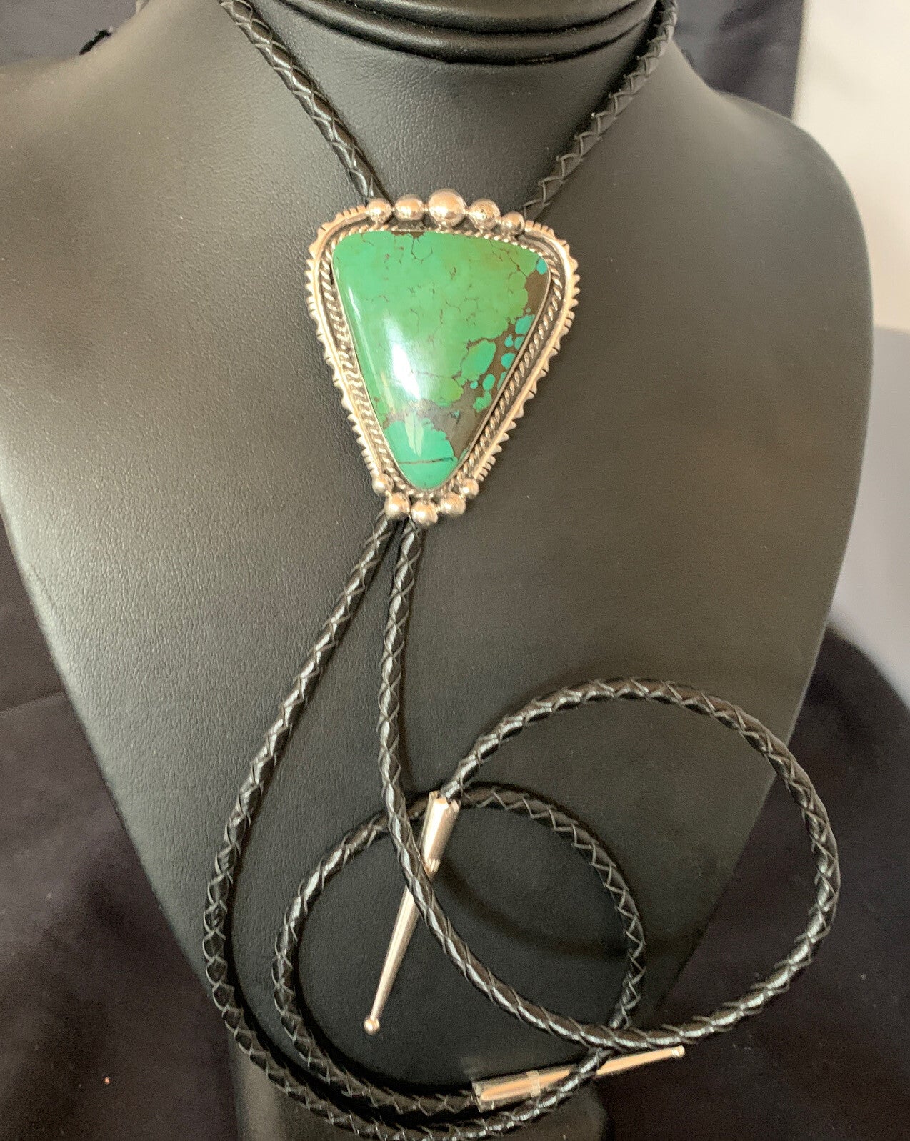Native Mens Green Spider Web Turquoise Navajo Sterling Silver Bolo Tie 12904