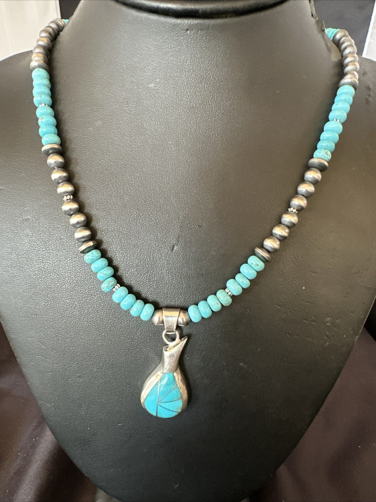 Pottery Blue Kingman Turquoise Pendant Navajo Sterling Silver Necklace 21" 18378