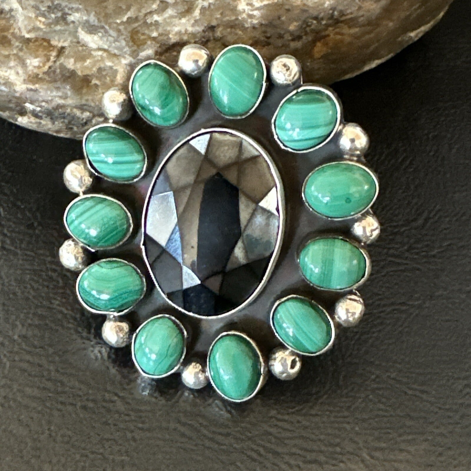 Green Malachite Quartz Navajo Sterling Silver Cluster Ring Size 10.5 18399