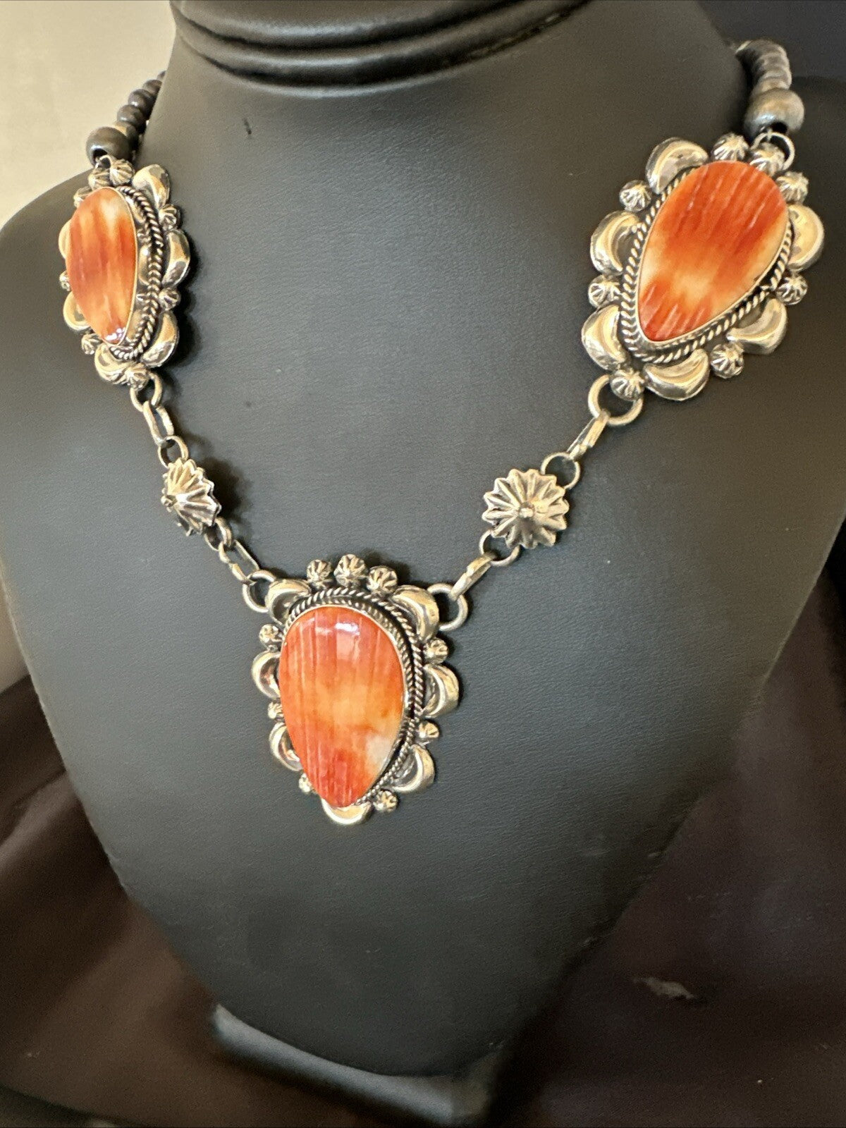 Orange Spiny Oyster Pendant Navajo Sterling Silver Lariat Necklace 21" 18627