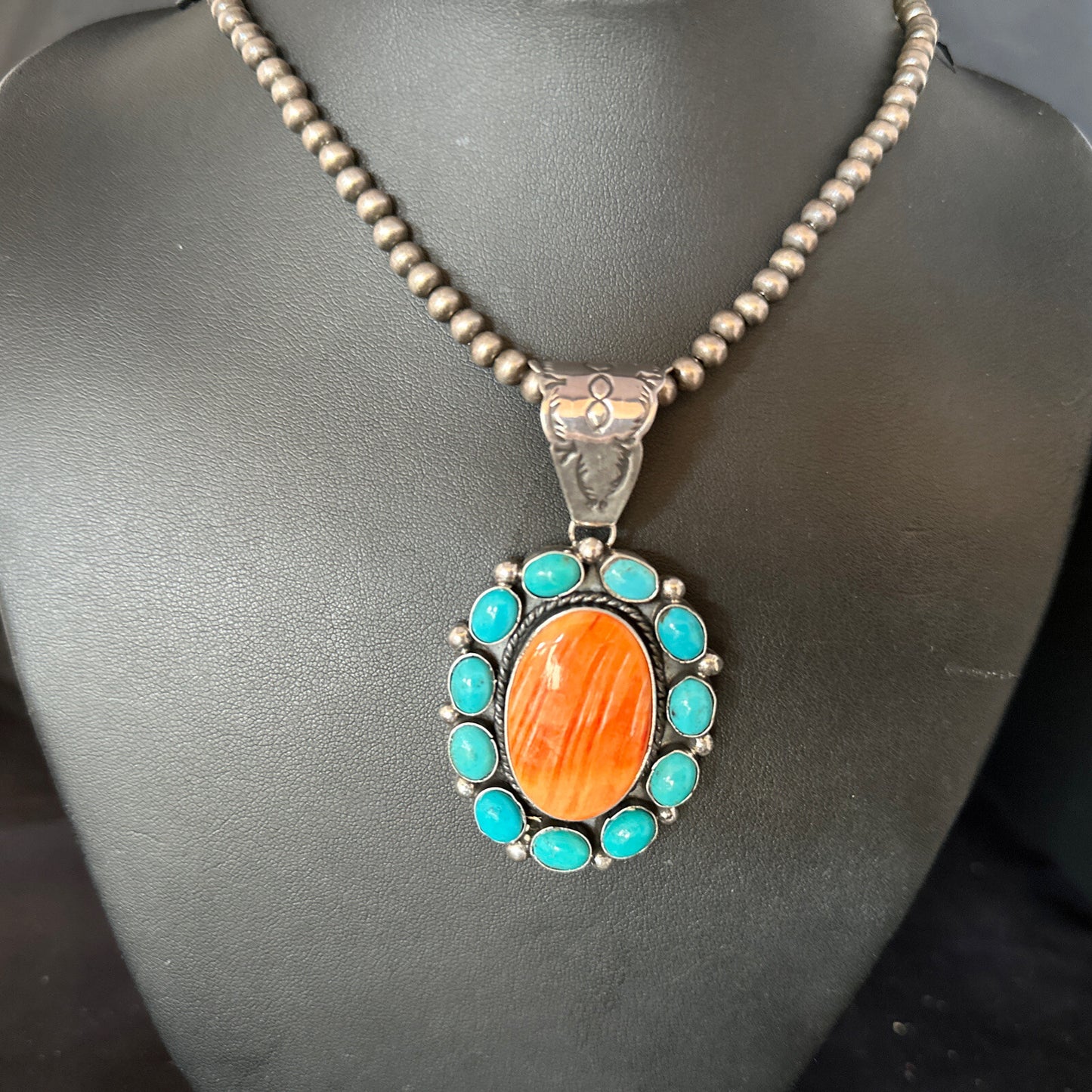 Blue Cluster Kingman Turquoise Sterling Orange Spiny Oyster Pendant 14354