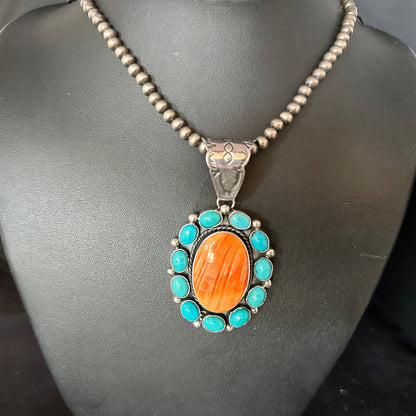 Blue Cluster Kingman Turquoise Sterling Orange Spiny Oyster Pendant 14354