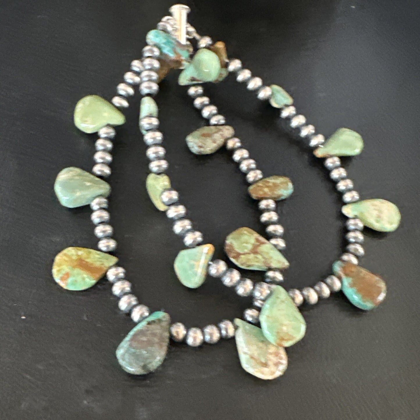 Navajo Sterling Silver Beads Green Turquoise Teardrop Bracelet 2S 7.5" 15259