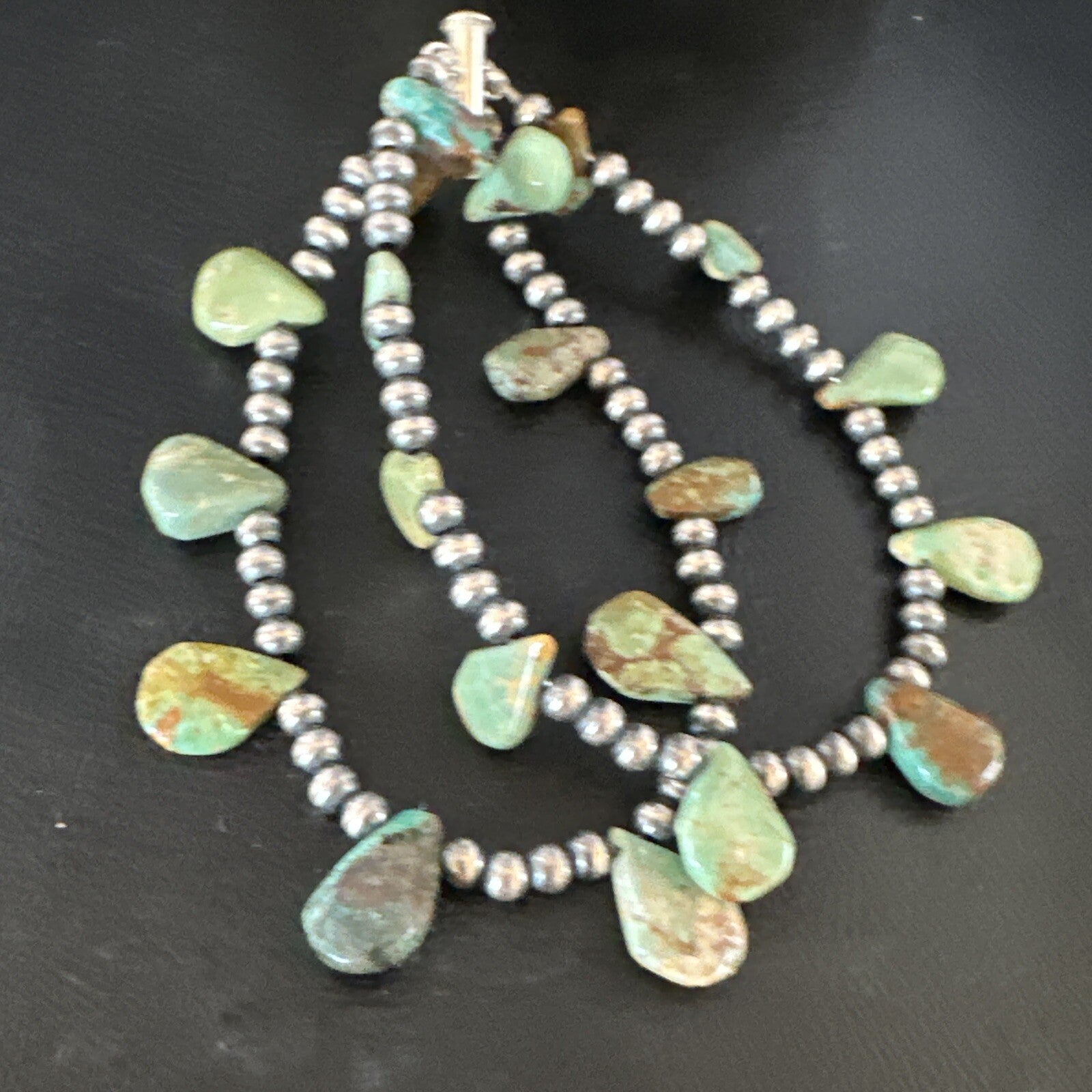 Navajo Sterling Silver Beads Green Turquoise Teardrop Bracelet 2S 7.5" 15259
