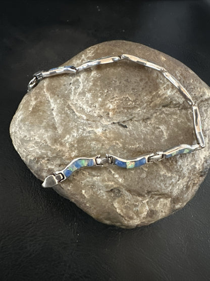 Native Womens Blue Opal Lapis Inlay Link Bracelet 7" Sterling Silver 17726