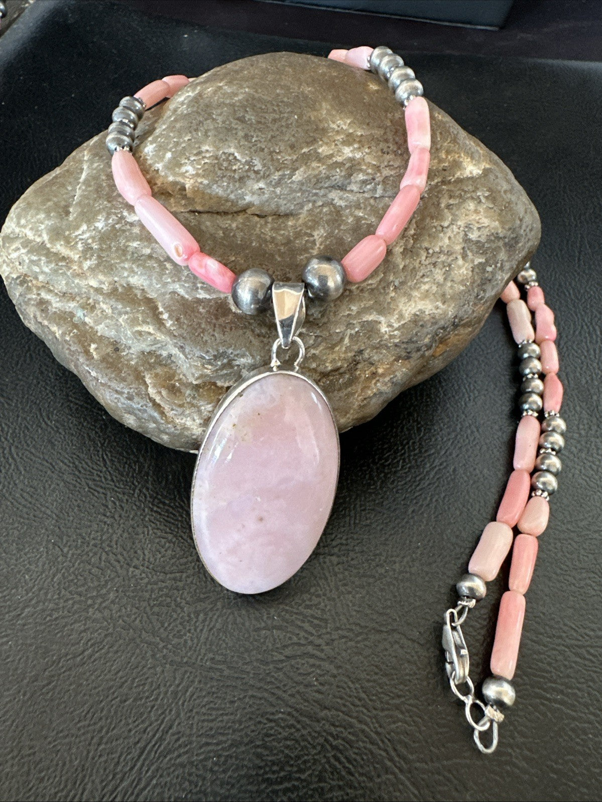 Southwestern Sterling Silver Pink Coral Bead Necklace Quartz Pendant 24" 19586