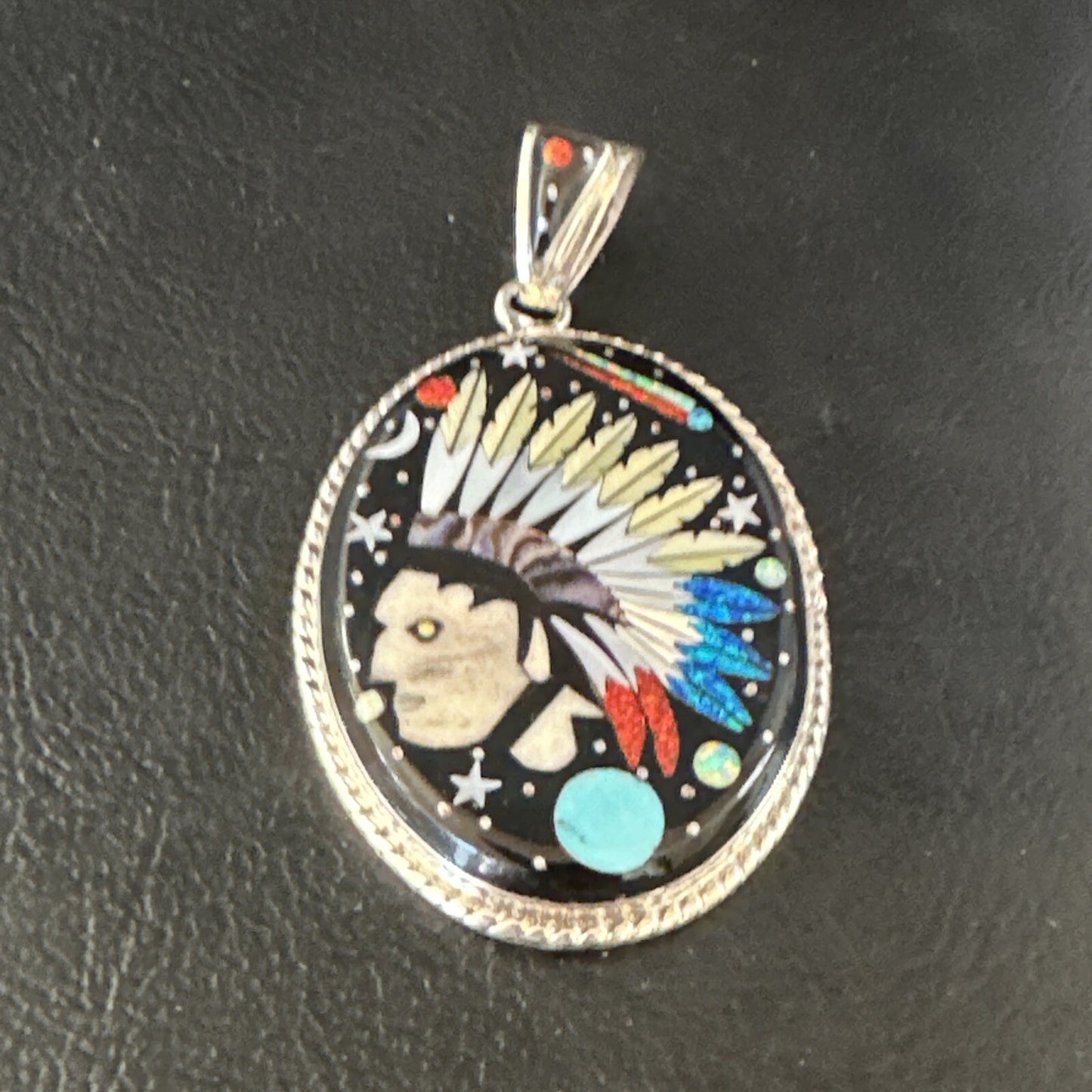 Turquoise Navajo Sterling Silver IndianHead MultiColor Inlay Pin Pendant 15156
