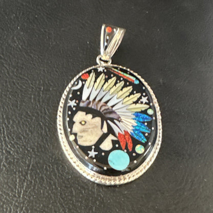 Turquoise Navajo Sterling Silver IndianHead MultiColor Inlay Pin Pendant 15156