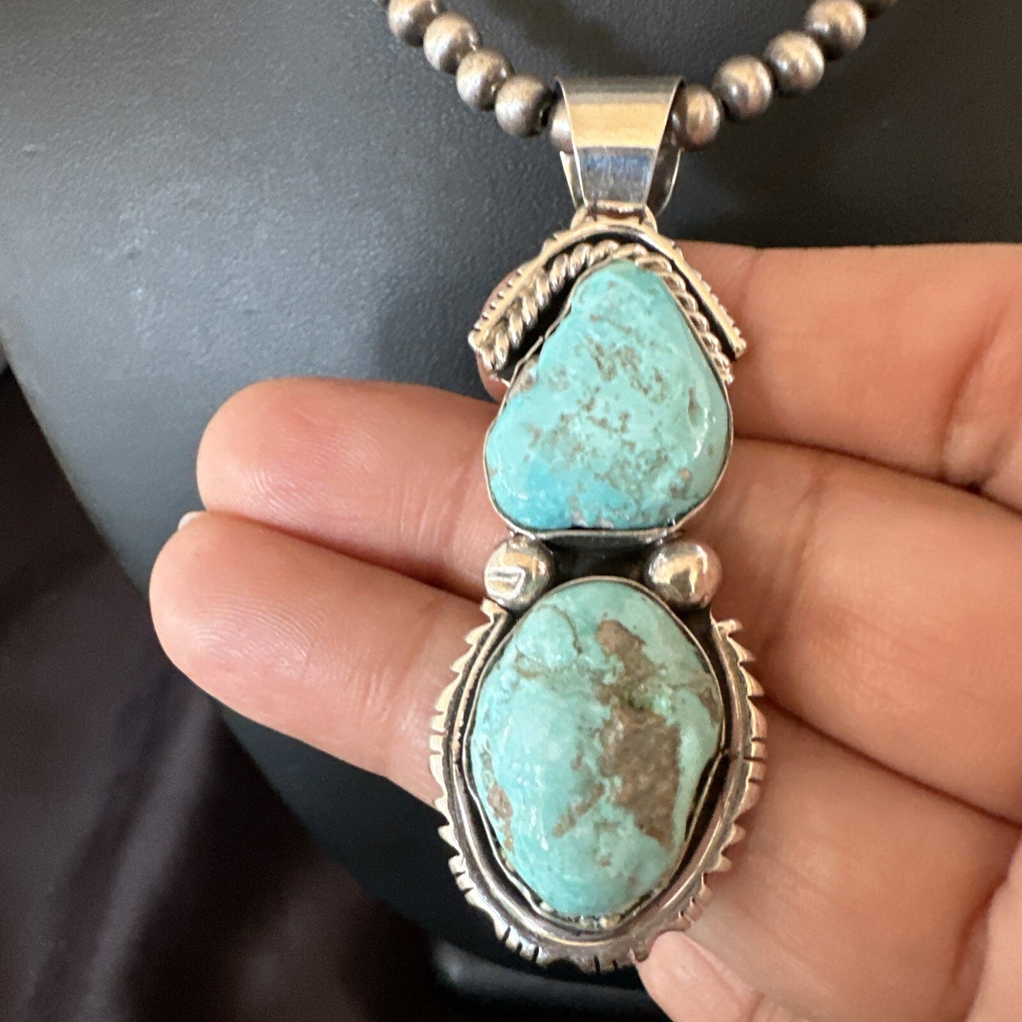 Blue Turquoise 2 Stone Navajo Sterling Silver Cluster Pendant 18308