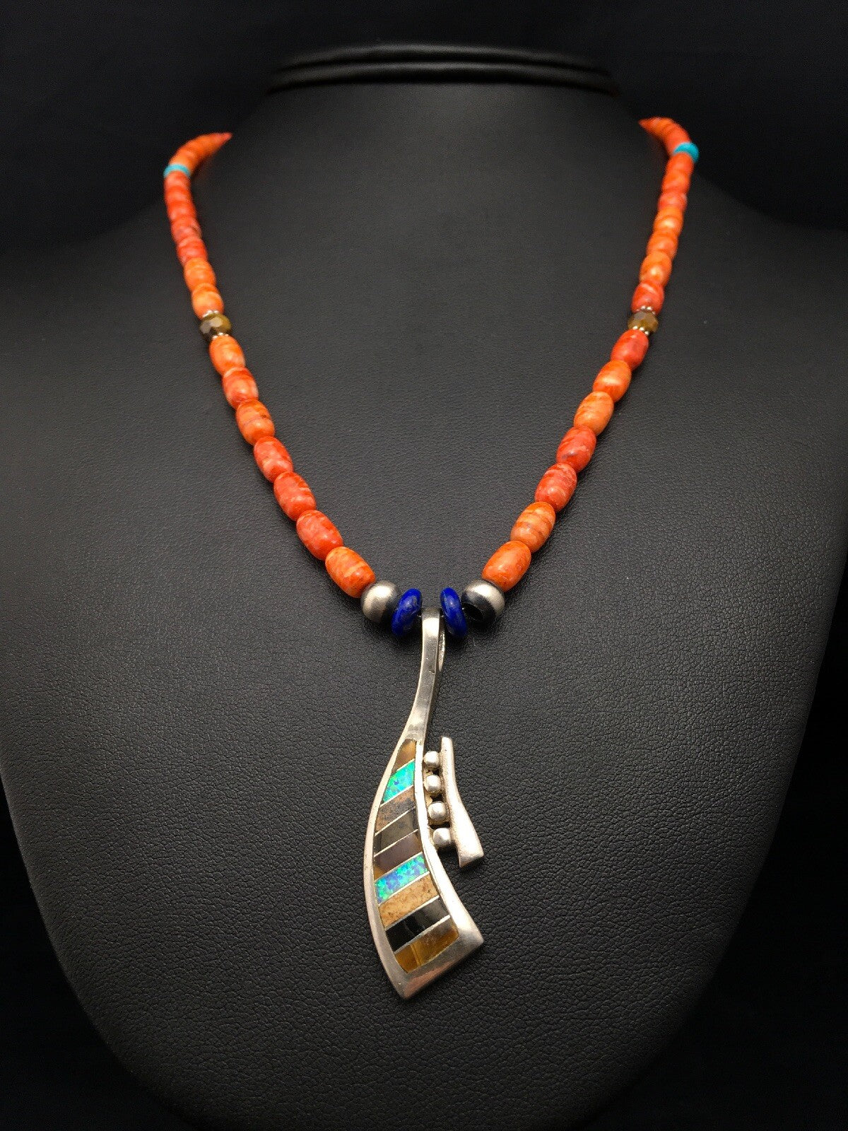 Multi-Stone Pendant Spiny Oyster Navajo Sterling Silver Necklace 19" 04519