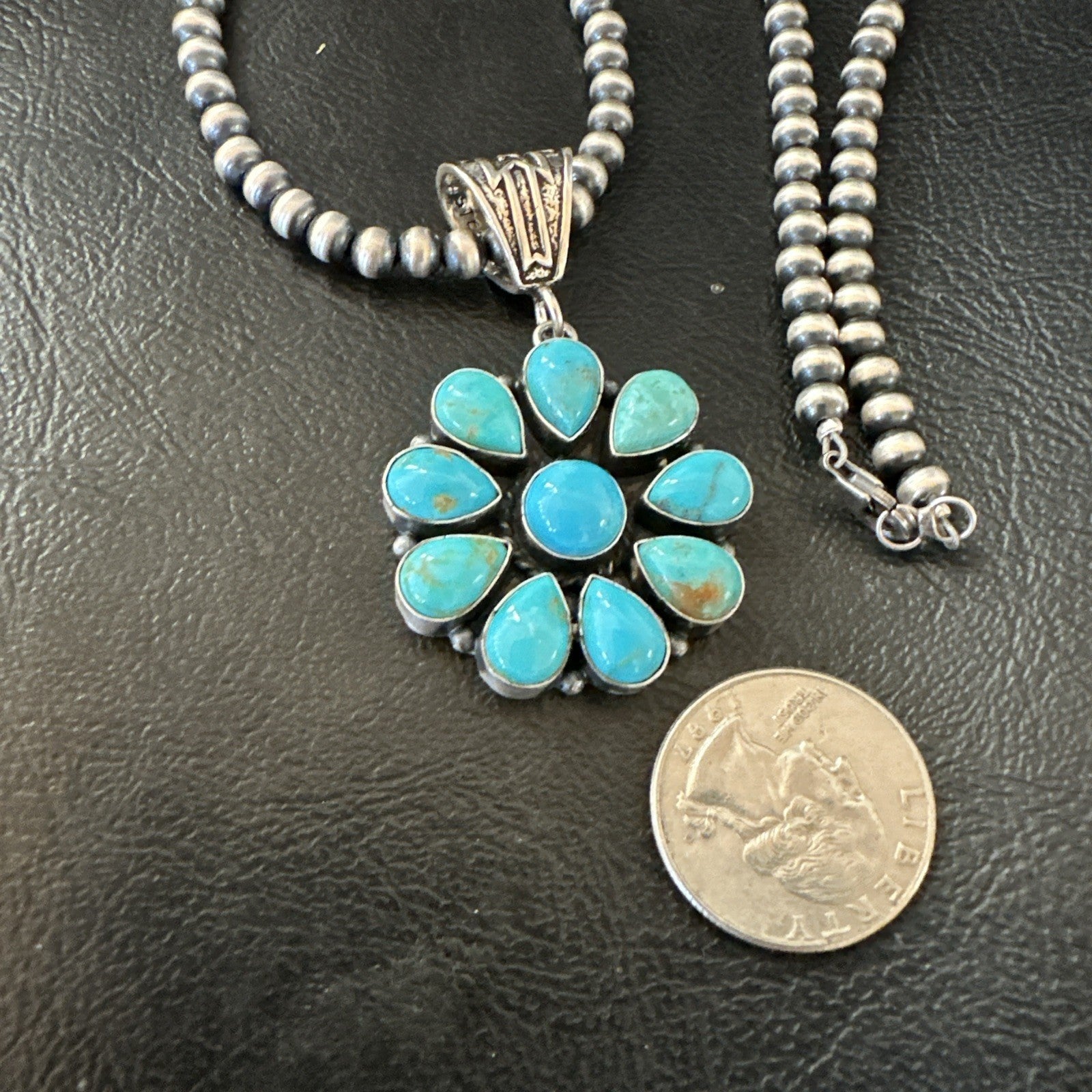 Blue Turquoise Navajo Sterling Silver Cluster Round Pendant Necklace 2”19316