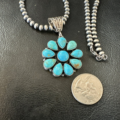 Blue Turquoise Navajo Sterling Silver Cluster Round Pendant Necklace 2”19316