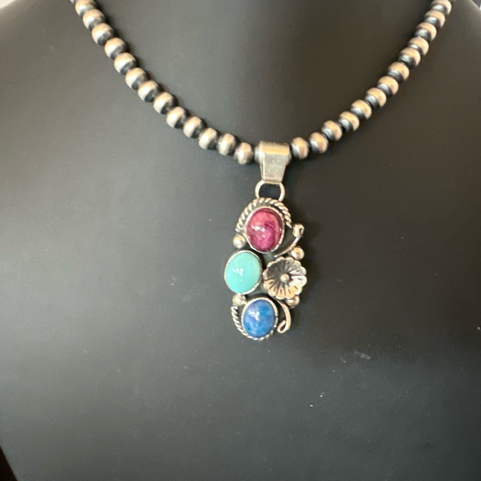 Multicolor Turquoise Lapis Navajo Sterling Silver Cluster Pendant Necklace 19246