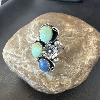 Yazzie Ring Green Turquoise Lapis Navajo Sterling Silver Cluster Size 8 19224