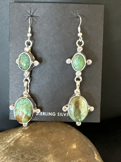 Native Navajo Green Turquoise Sterling Silver Dangle Earrings 2” 17695