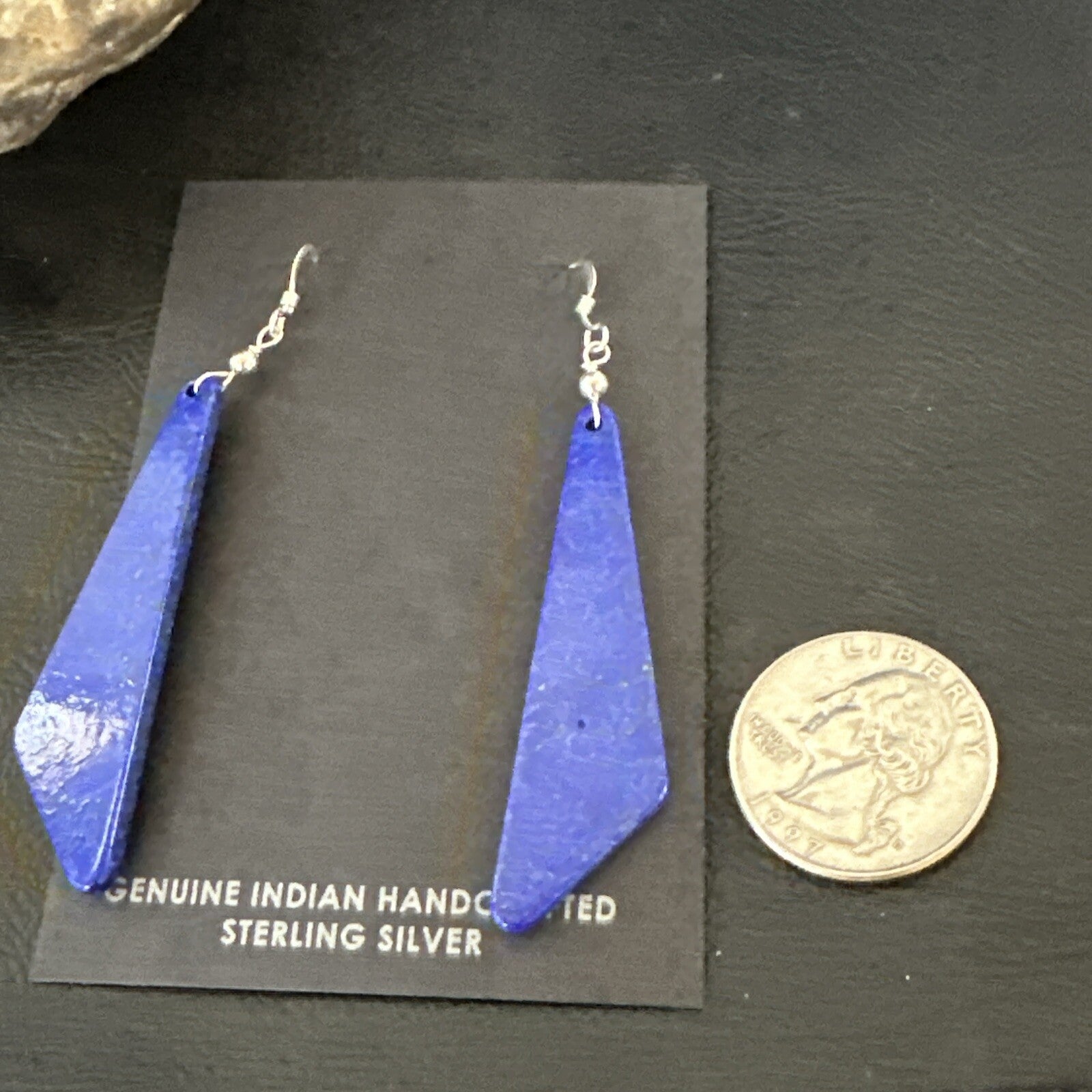 Navajo Slab Blue Lapis Sterling Silver Earrings 2" 17878
