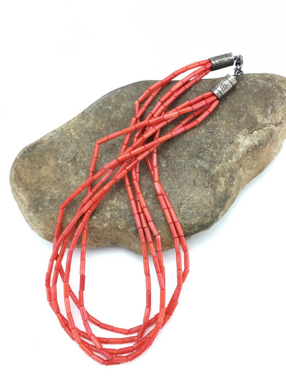 Orange Coral Tube Heishi Bead 5 Strand Navajo Sterling Silver Necklace 19" 1108
