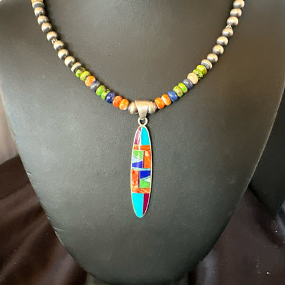 Turquoise Spiny Oyster Inlay Pendant Navajo Sterling Silver Necklace 21" 18822