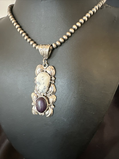 Navajo Sterling Silver White Buffalo Turquoise  Purple Stone Pendant 18035