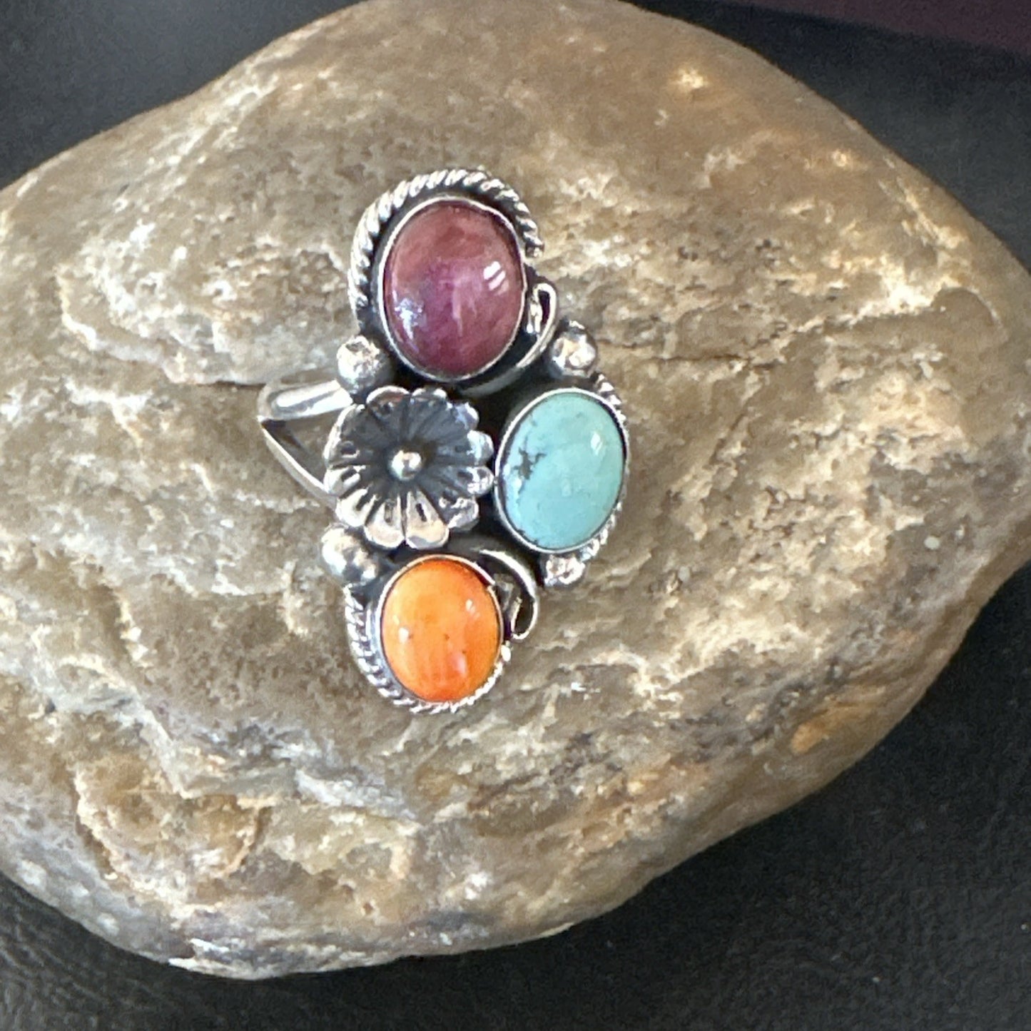 Multicolor Ring Turquoise Spiny Navajo Sterling Silver Cluster Size 8.5 19167