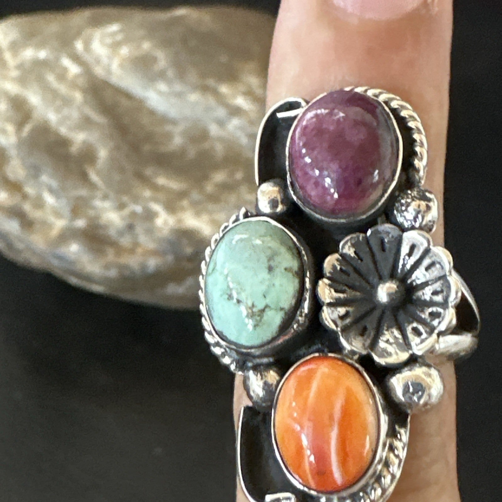 Multicolor Ring Turquoise Spiny Navajo Sterling Silver Cluster Size 6.5 19175