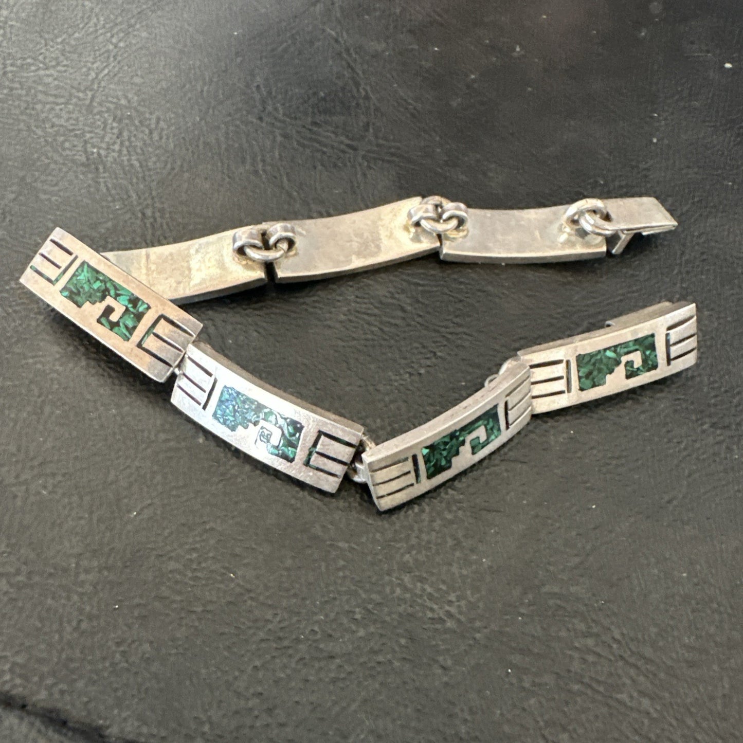 Taxco Turquoise Chip Inlay Sterling Silver Choker Old Pawn Bracelet 7” 19795