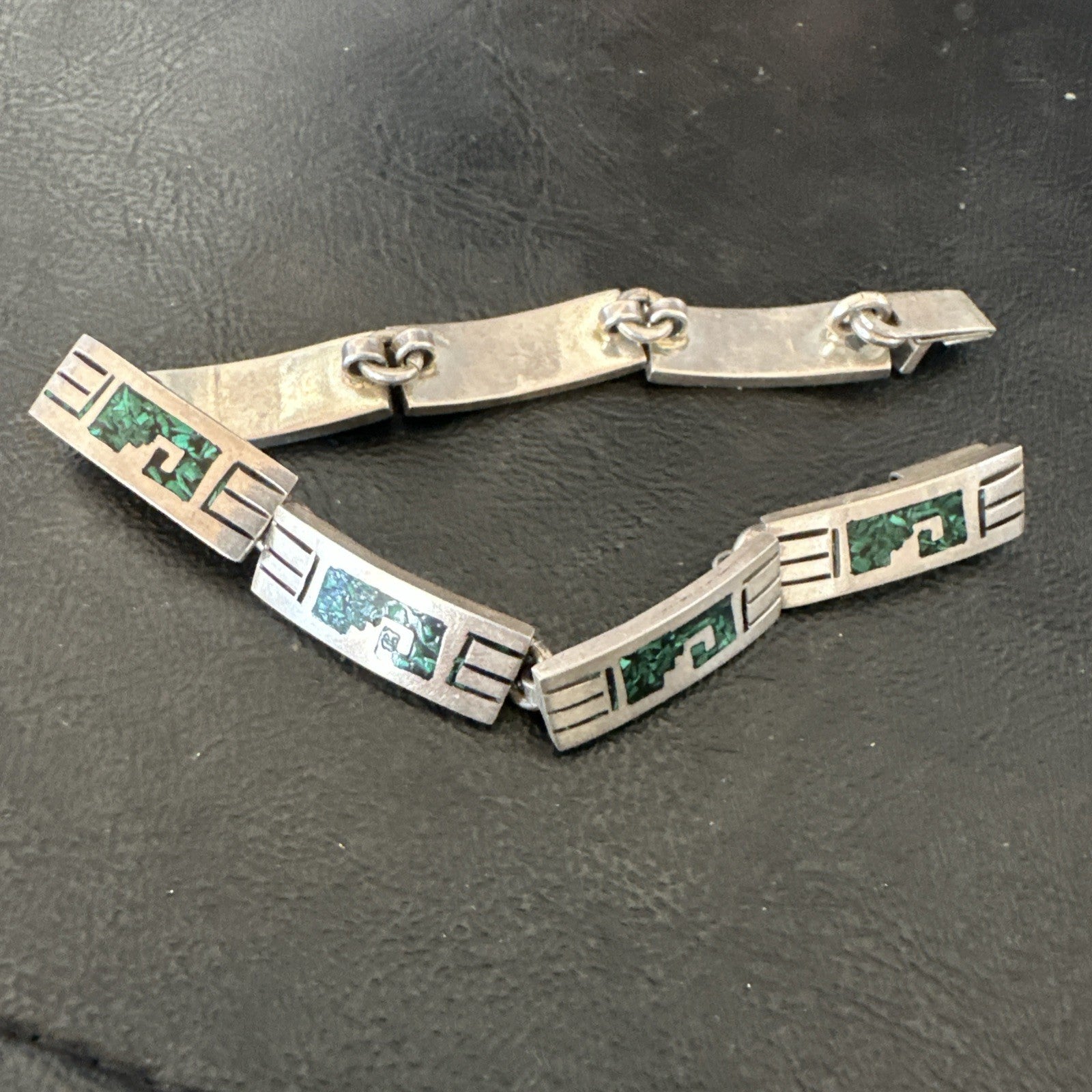 Taxco Turquoise Chip Inlay Sterling Silver Choker Old Pawn Bracelet 7” 19795