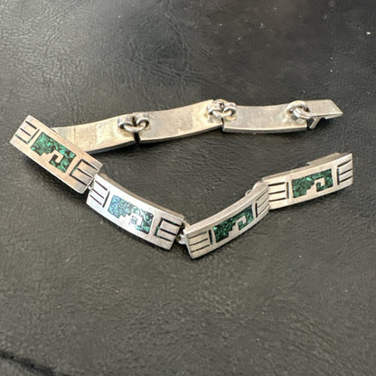 Taxco Turquoise Chip Inlay Sterling Silver Choker Old Pawn Bracelet 7” 19795