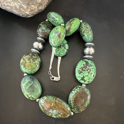 Green Turquoise Nugget Navajo Pearls Sterling Silver Necklace 19533