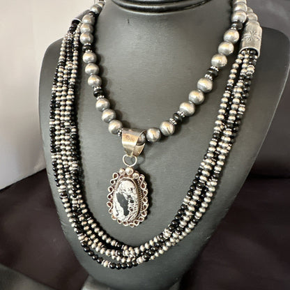 White Buffalo Black Onyx Sterling Silver Navajo Pearls Strand Necklace Set 19020