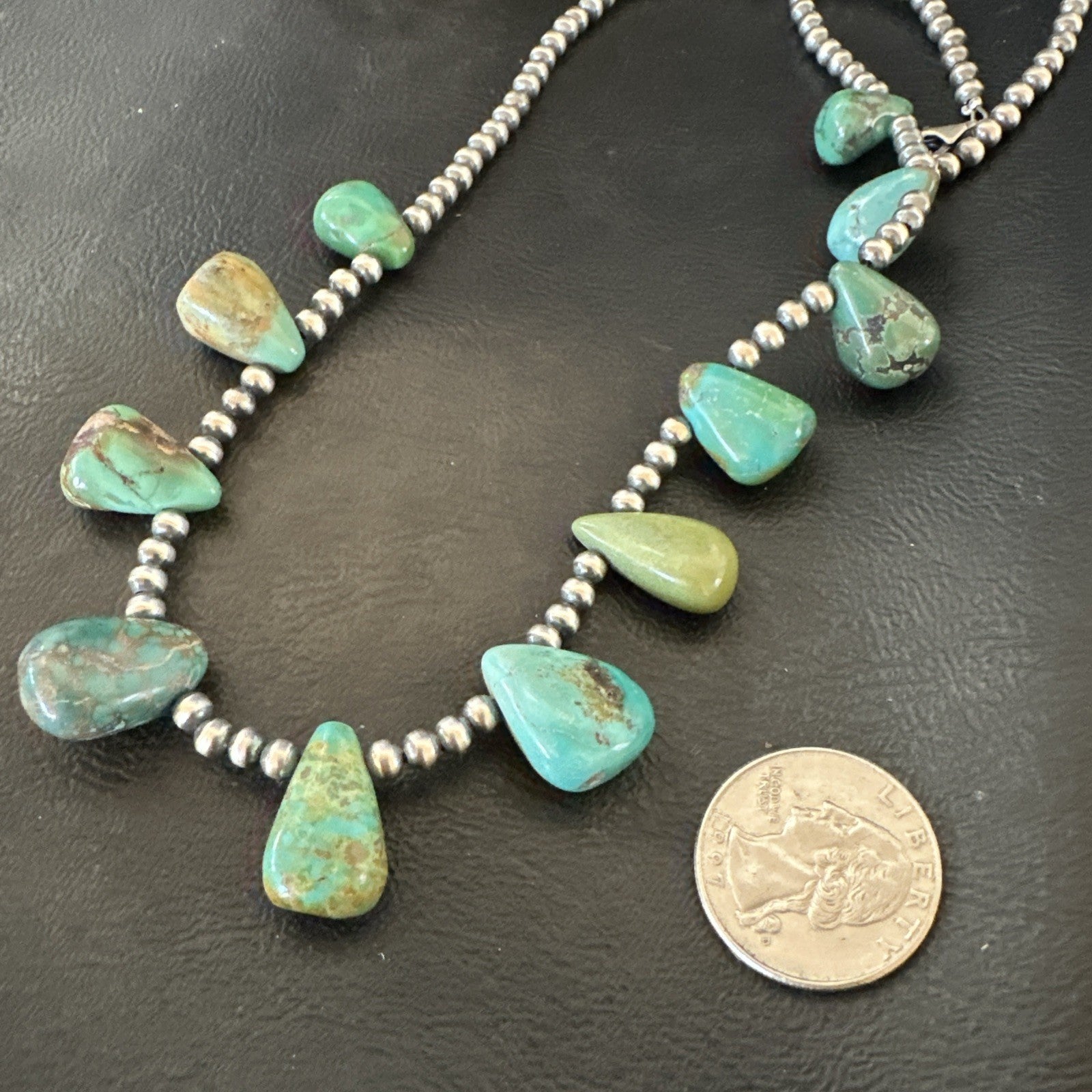 Navajo Pearls Silver Green Teardrop Turquoise Necklace 19015