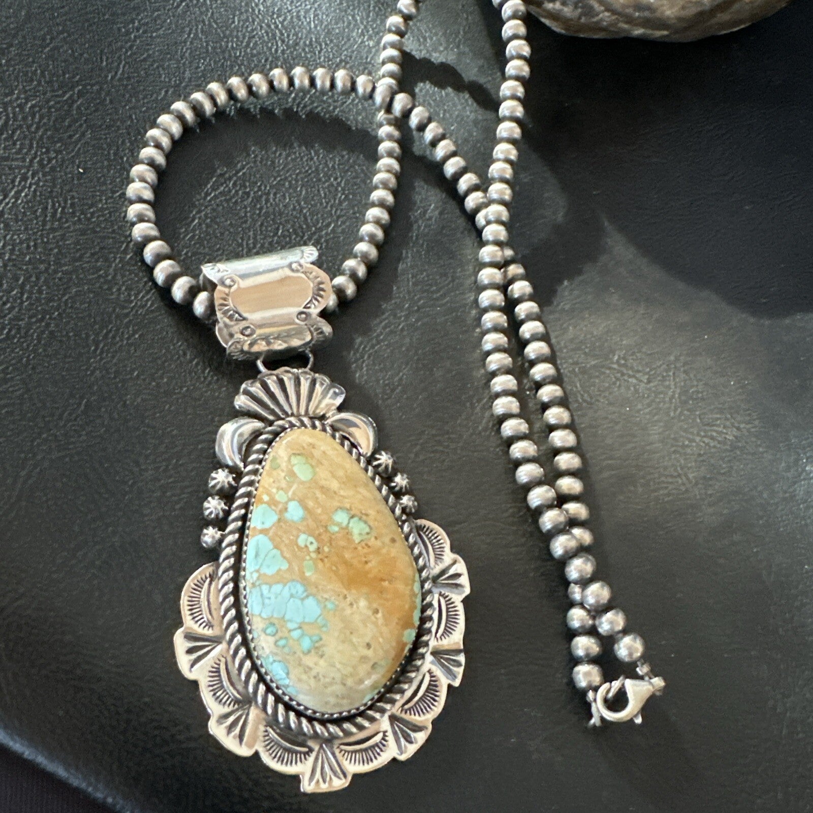 XXL Mens Royston Turquoise Pendant Navajo Pearls Sterling Silver Necklace 18746