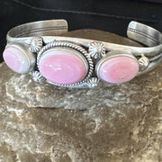 Navajo Pink Conch 3 Stone Cuff Bracelet | Sterling Silver | Authentic Native American Handmade | 18852