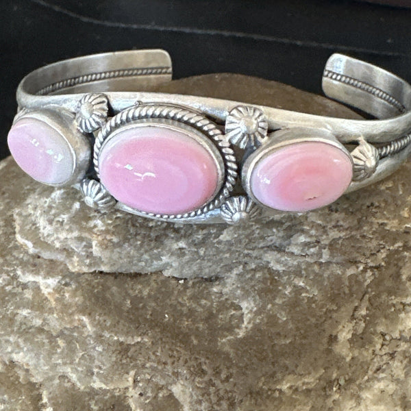 Navajo Pink Conch 3 Stone Cuff Bracelet | Sterling Silver | Authentic Native American Handmade | 18852