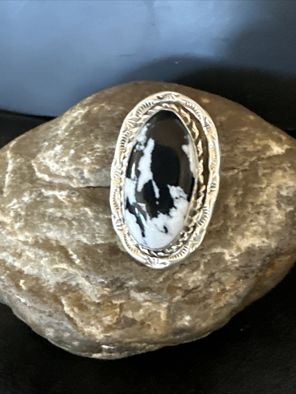 Black White Buffalo Turquoise Navajo Sterling Silver Ring Size 11 19810