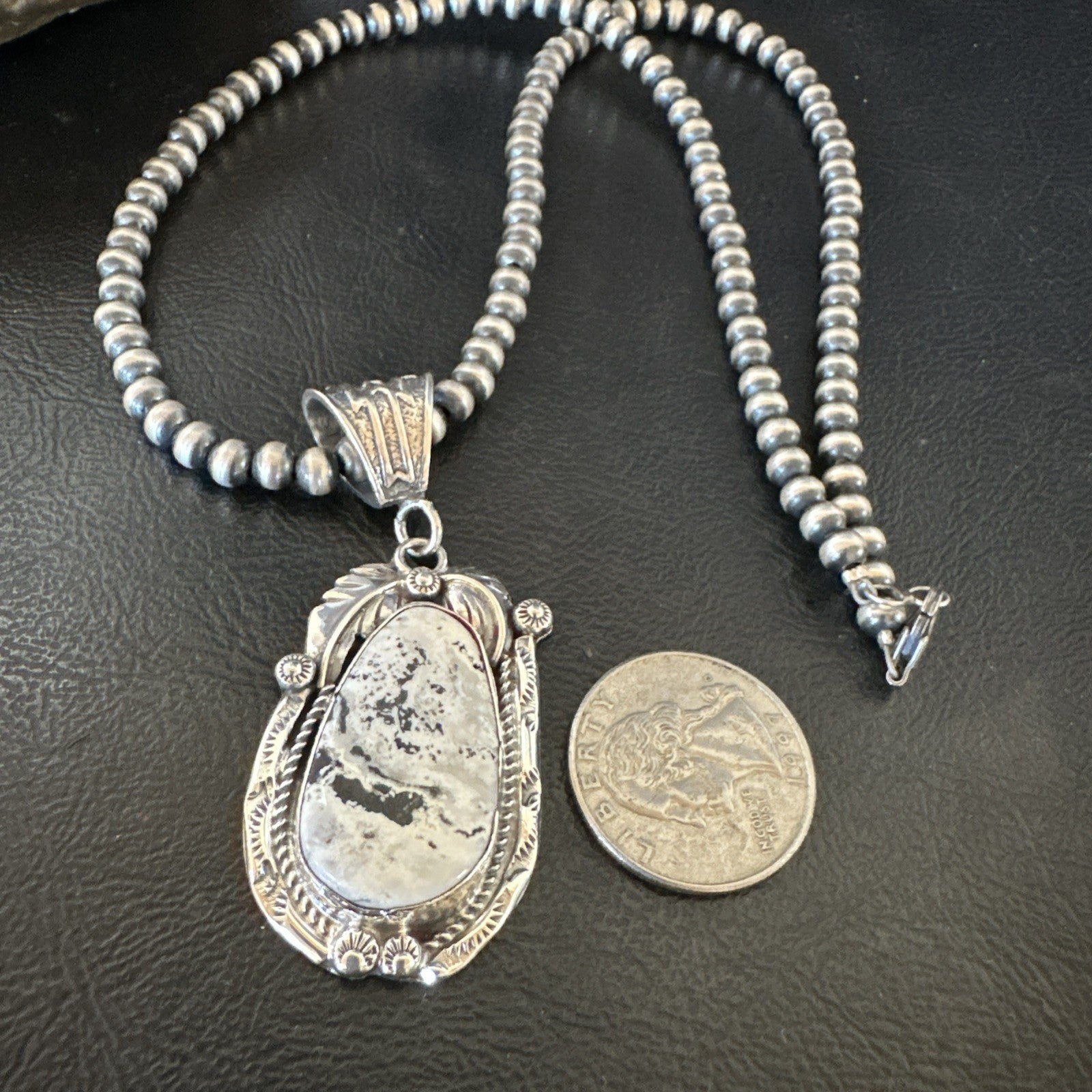 White Buffalo Turquoise Pendant Navajo Pearls Sterling Silver Necklace 19336