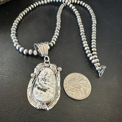 White Buffalo Turquoise Pendant Navajo Pearls Sterling Silver Necklace 19336
