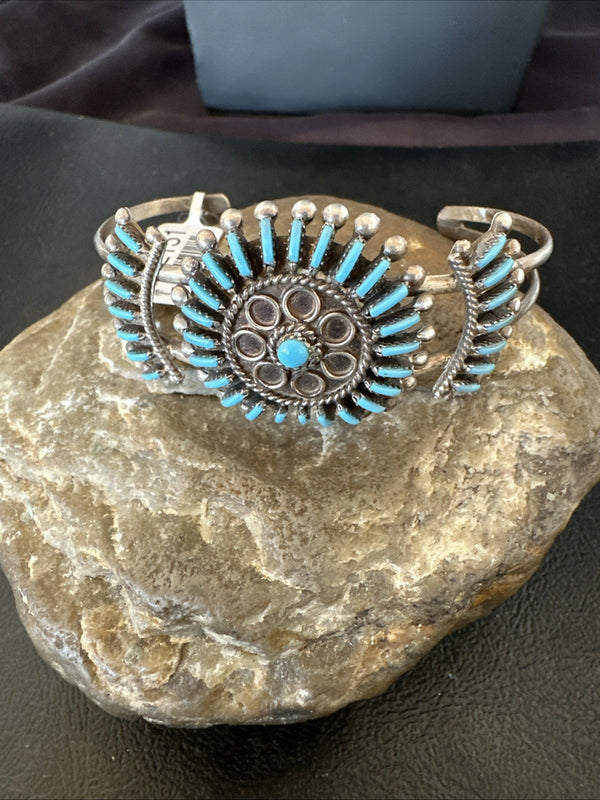 Blue Turquoise Zuni Cluster Cuff Bracelet | Sterling Silver | Authentic Native American Handmade | 12151