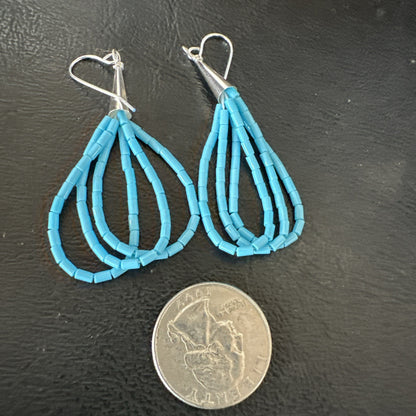 Blue Turquoise 3 Strand Sterling Silver Heishi Dangle 2” Earrings 18196