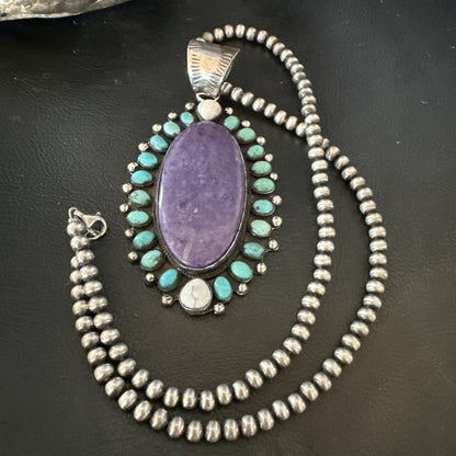 Purple Charoite Turquoise Navajo Sterling Silver Cluster Pendant 3.75" 18651